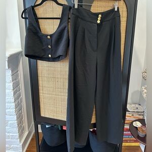Ronny Kobo Black Wide Leg Pant and Crop Top Set with Gold buttons